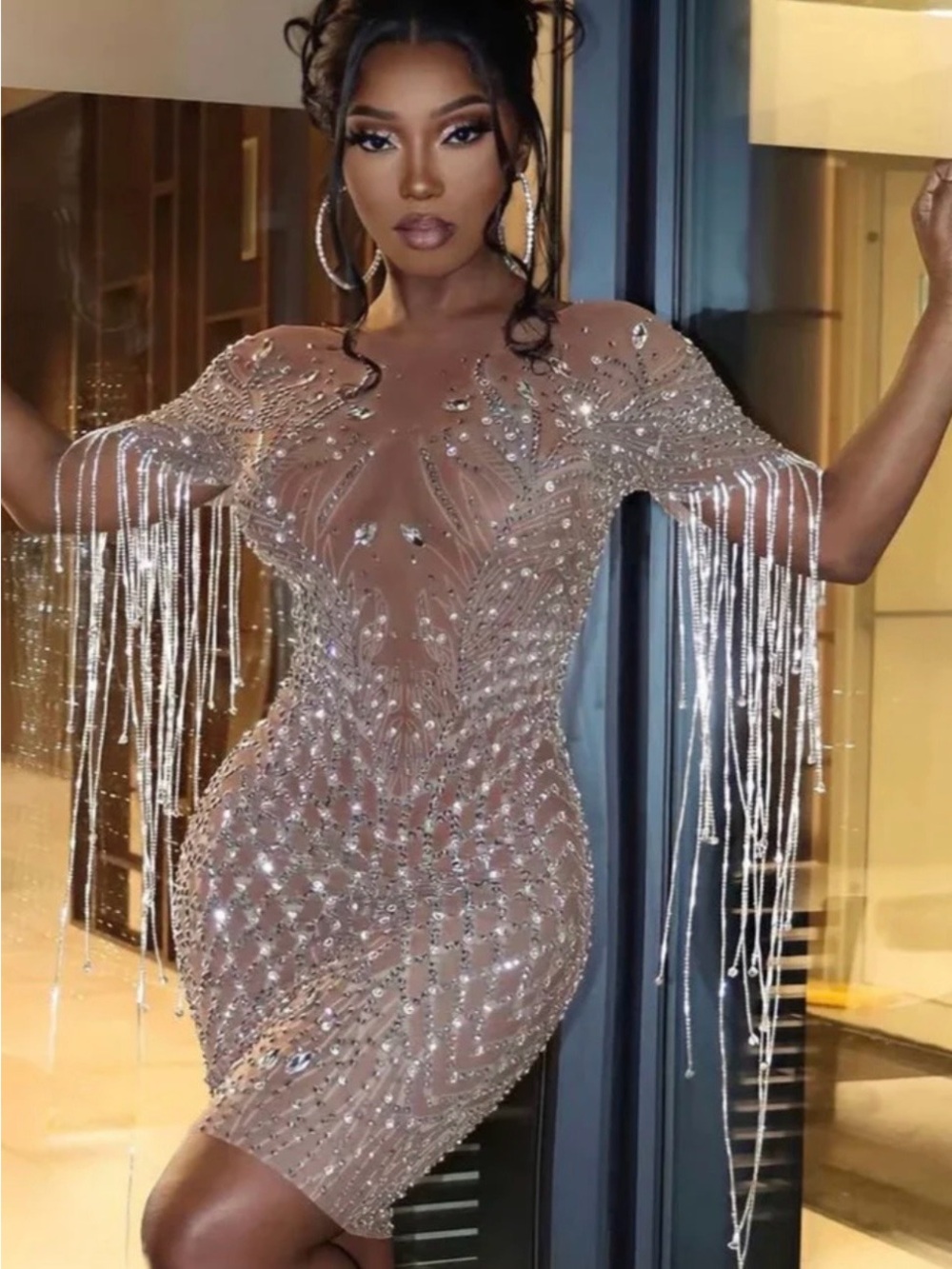 Embellished Fringe Mini Dress in Nude